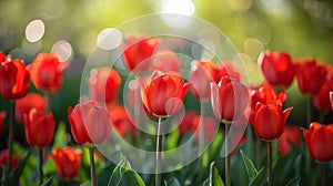 A bunch of red tulips are in a field with lots of green, AI