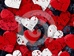 A bunch of red and white hearts on a black background