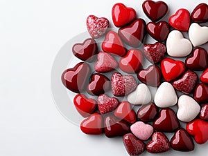 A bunch of red and white hearts on a white surface
