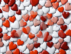 A bunch of red and white hearts on a white surface