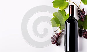 A bunch of red wine grapes with vine leaves as decoration and a bottle of red wine