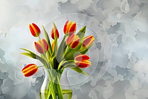 Bunch of red and yellow tulip flowers in a glass vase against colored plaster