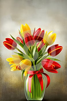 Bunch of red and yellow tulip flowers in a glass vase against colored plaster