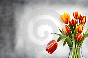 Bunch of red and yellow tulip flowers in a glass vintage vase against dark