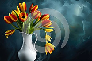 Bunch of red and yellow tulip flowers in a glass vintage vase against dark