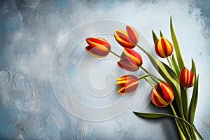 Bunch of red and yellow tulip flowers in a glass vintage vase against dark