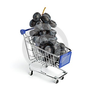 Bunch of ripe black grapes in the grocery cart on a white background