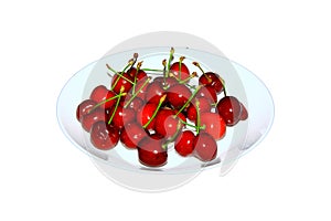 A bunch of ripe cherries on a white plate. Fresh red berries contrast with the
