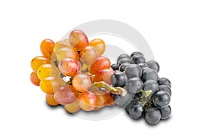 Bunch of ripe Crimson Seedless red grapes and black grapes isolated on white background