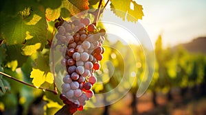 A bunch of ripe grapes. Large branch of fresh grapes. Vineyard and harvest. Red grapes closeup.