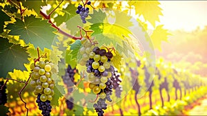 bunch of ripe green sweet grapes on a vine under the rays of the setting sun on vineyard landscape background