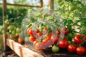 A bunch of ripe juicy red tomatoes in a garden bed on a sunny day