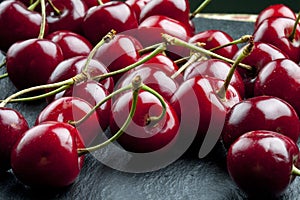 A bunch of ripe sweet cherries with stems and leaves.