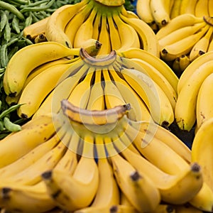 Bunch of ripened bananas at grocery store