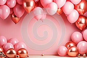 bunch of round pink and golden ballons framing copy space