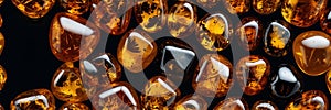 bunch of shiny amber gemstone plain black dark background panoramic wide angle ai generated