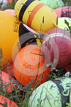 A bunch of ship or fishing buoys.