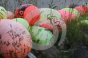 A bunch of ship or fishing buoys.