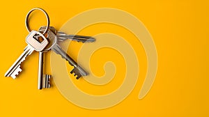 A bunch of silver keys with a house-shaped keychain on a vibrant yellow background. Simplistic and modern image perfect