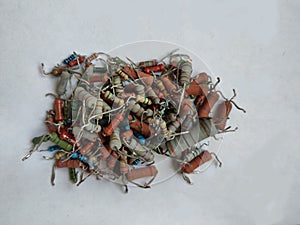 A bunch of soldered different resistors