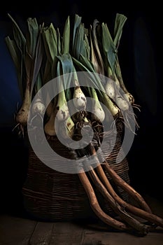 bunch of spring onions in a basket, AI generated