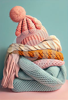 Bunch of stacked knitted pastel color sweaters scarf and hat with different knitting patterns folded on light background. photo