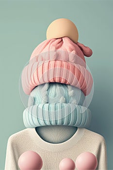 Bunch of stacked knitted pastel color sweaters scarf and hat with different knitting patterns folded on light background.