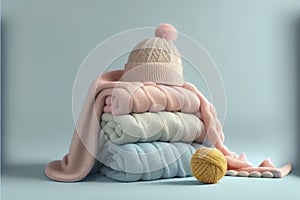 Bunch of stacked knitted pastel color sweaters scarf and hat with different knitting patterns folded on light background.