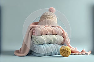 Bunch of stacked knitted pastel color sweaters scarf and hat with different knitting patterns folded on light background. photo