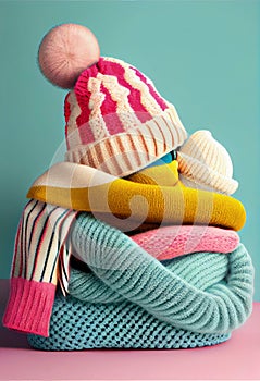 Bunch of stacked knitted pastel color sweaters scarf and hat with different knitting patterns folded on light background. photo