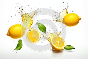 Lemons falling on white surface, isolated on white background.