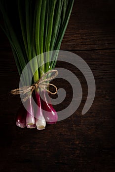 Bunch of tied onions on wooden table