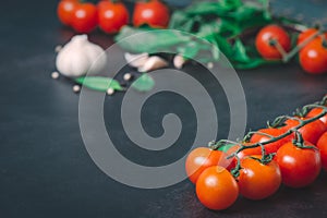 A bunch of tomatoes and spices were lined up on top of black table, contains garlic, pepper, astringent leaves, basil leaves.