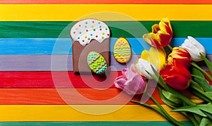 Bunch of tulips, cake and eggs lying on the table