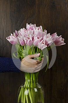 Bunch of tulips flowers pink gift beautiful nature plant fresh romantic woman bright leaf