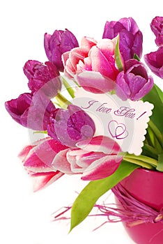 Bunch of tulips with greetings card