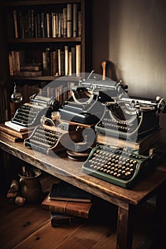 A bunch of typewriters sitting on top of a wooden table. AI generative image.