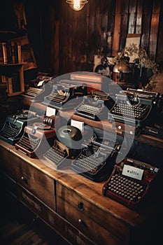 A bunch of typewriters sitting on top of a wooden table. Generative AI image.