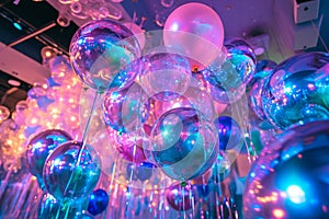 A bunch of vibrant balloons hanging from the ceiling add a pop of color to the room, Holographic balloons for a futuristic