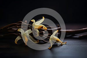 Bunch of vibrant yellow flowers vanilla and pods placed on top of a black wooden table.