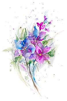 Bunch of violets painted in watercolor