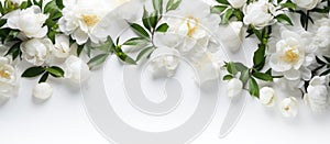 a bunch of white flowers with green leaves on a white background