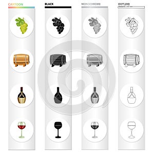 A bunch of white grapes, a wine barrel, a bottle of alcohol, a glass of wine. Winemaking set collection icons in cartoon
