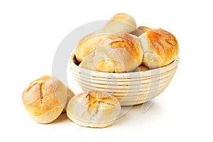 Bunch of whole, fresh baked wheat buns in baking basket