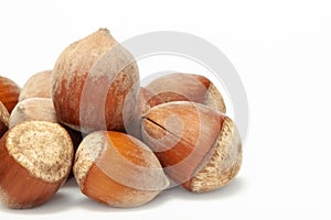 Bunch whole hazelnuts or filberts with shell macro isolated white background left side view