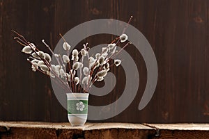 Bunch of willow twigs in green vase on wooden background