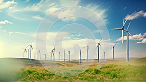 A bunch of windmills placed in a grassy area, harnessing the power of wind to generate energy, Sleek, modern wind turbines in a