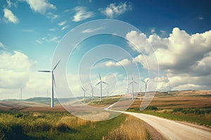 A bunch of windmills standing tall amidst lush green grass, Windmill wind power electricity farm field, AI Generated