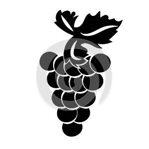 Bunch of wine grapes with leaf flat black silhouette icon for food apps and websites