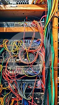 A bunch of wires that are tangled up in a cabinet